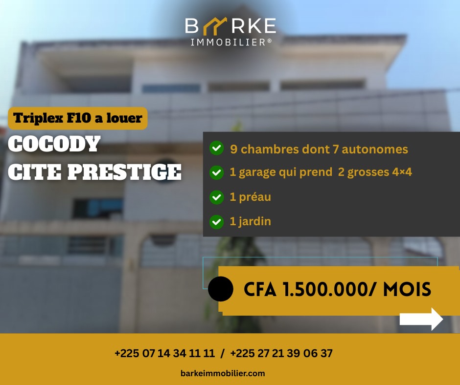 Triiplex F10 à louer à Cocody cité Prestige
